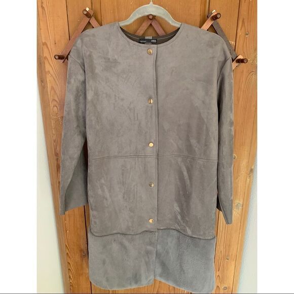 Zara W/B grey suede faux fur trim long coat NWOT - Picture 4 of 12